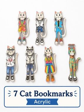 Acrylic Cat Bookmark Set (7-Pack) - Multicolor Cat Designs